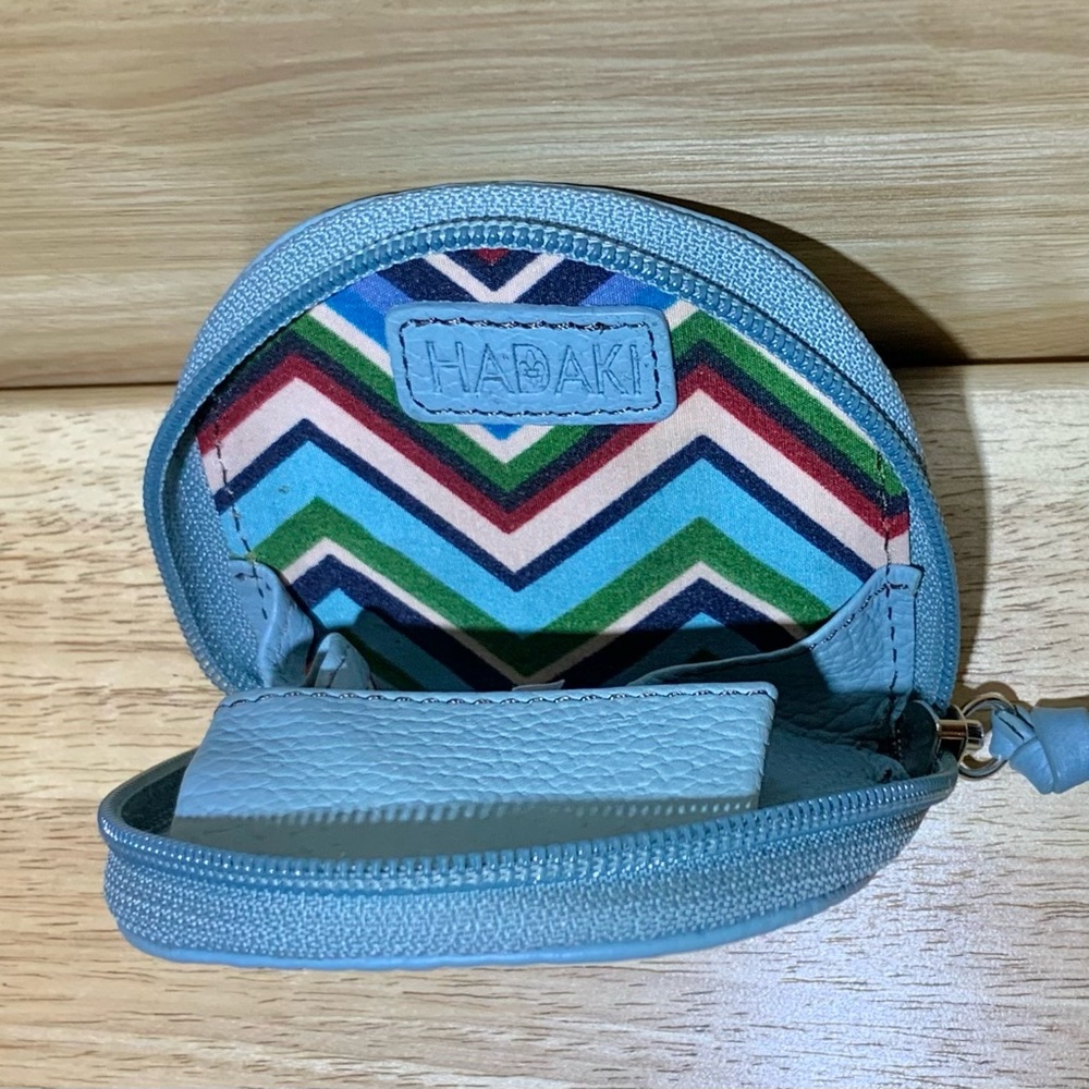 Hadaki Light Blue Leather Colorful Chevron Lined Zippered Coin Purse